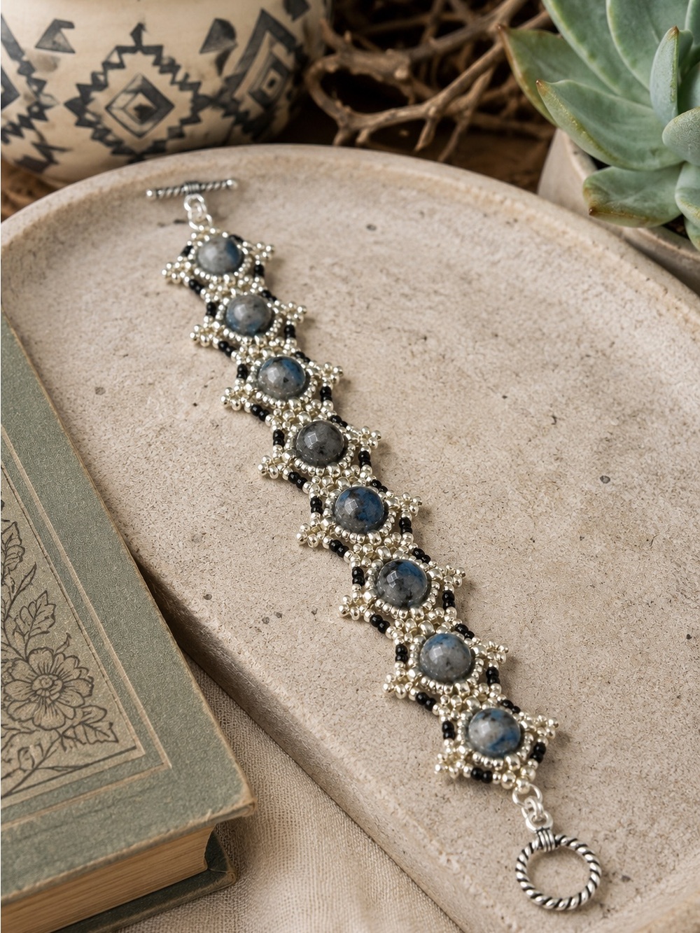 Hand Crafted Silver and Blue Azurite Beaded Bracelet